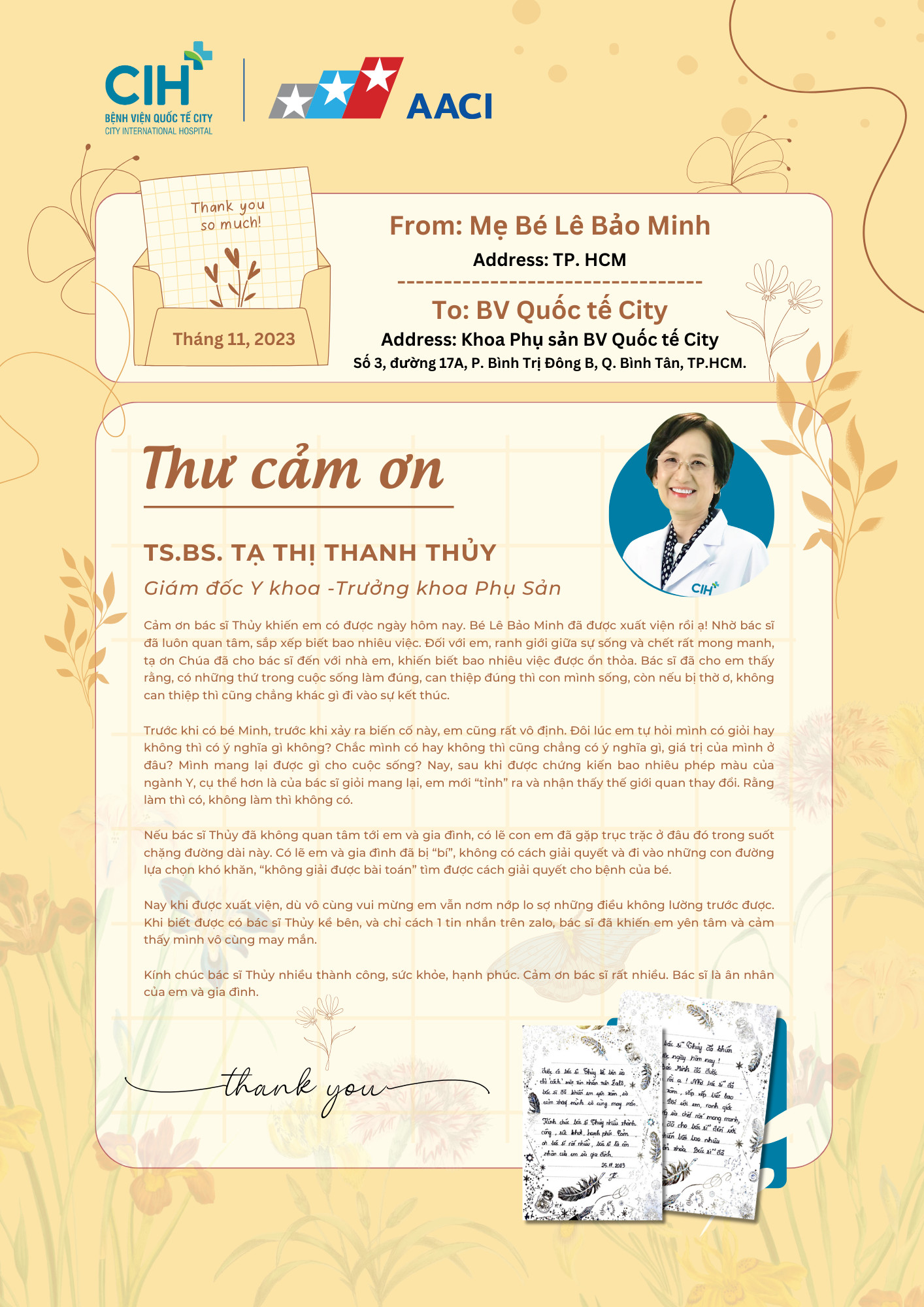 Mẹ bé Lê Bảo Minh cảm ơn TS.BS. Tạ Thị Thanh Thủy Mẹ bé Lê Bảo Minh cảm ơn TS.BS. Tạ Thị Thanh Thủy