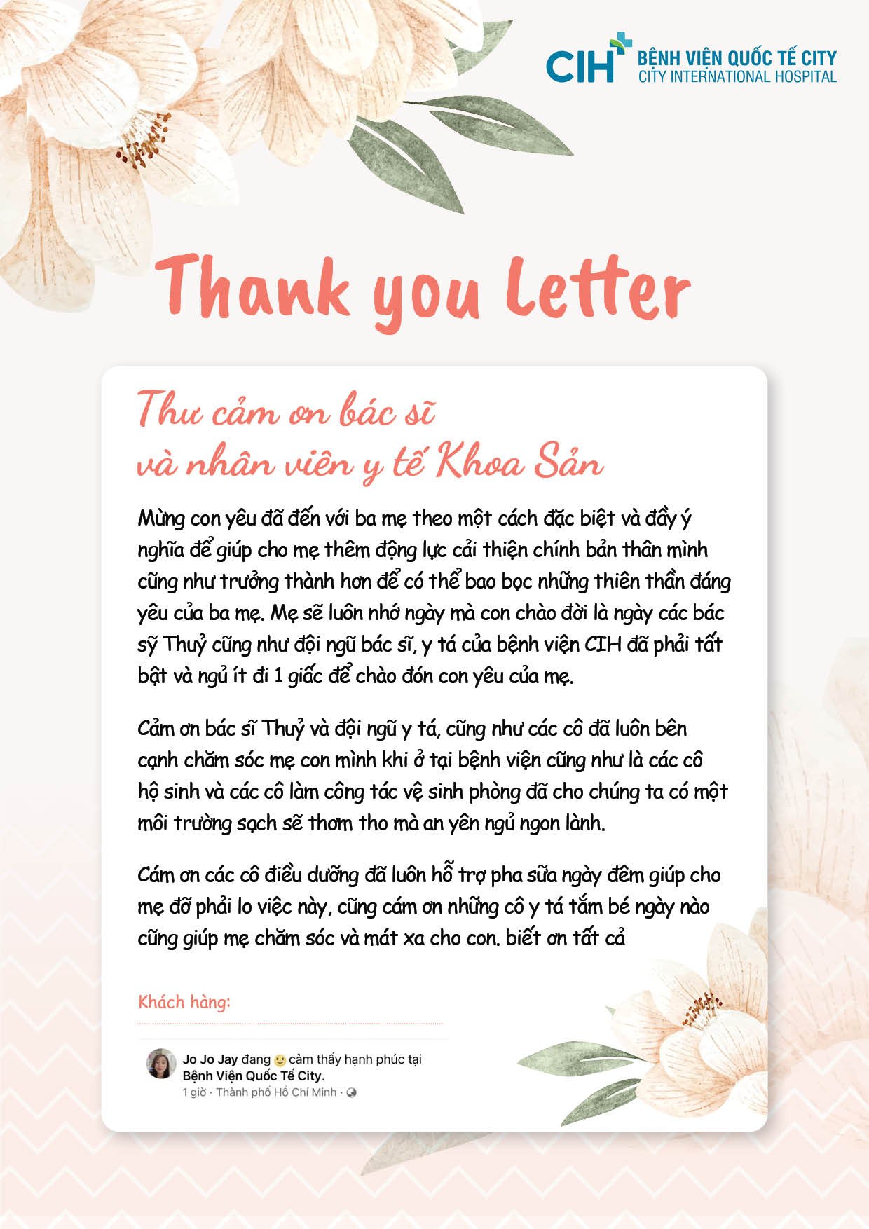 Thư cảm ơn gửi đến tập thể bác sĩ khoa Sản  Thư cảm ơn gửi đến tập thể bác sĩ khoa Sản