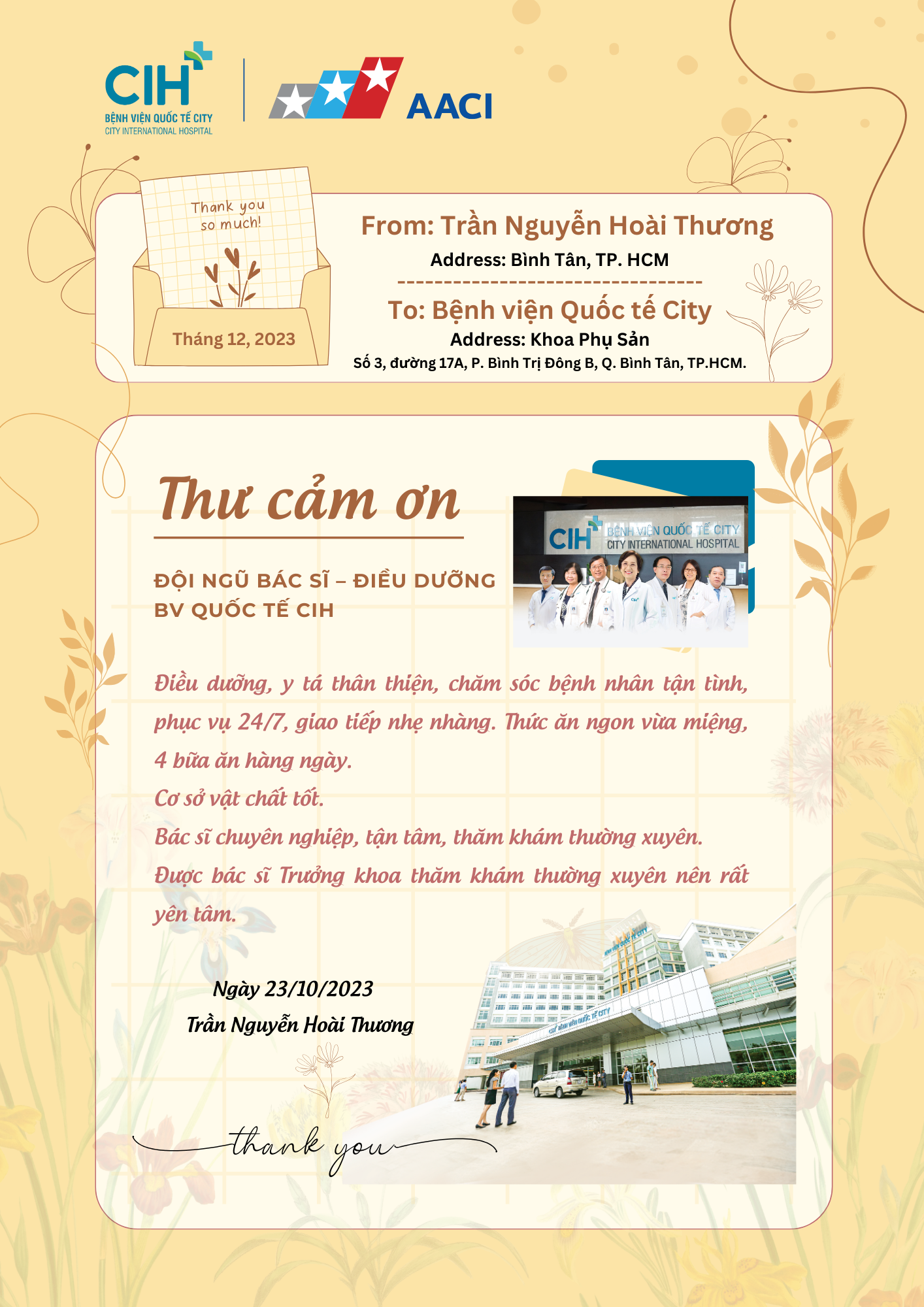 Thư cảm ơn từ Chị Trần Nguyễn Hoài Thương